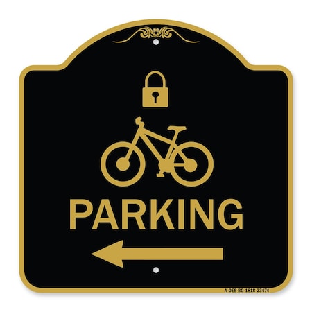 Signmission Parking W/ Lock Cycle & Left Arrow, Black & Gold Aluminum Sign, 18" x 18", BG-1818-23474 A-DES-BG-1818-23474